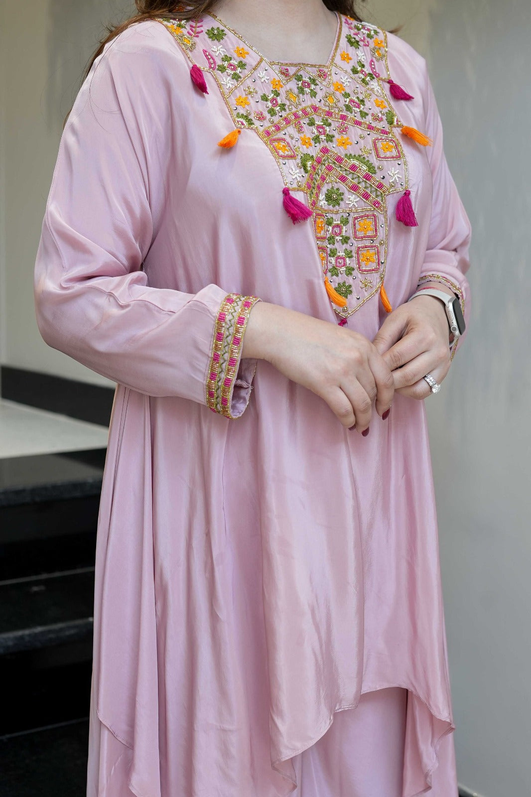 Pink Embroidered French Crepe Kurta Palazzo Set