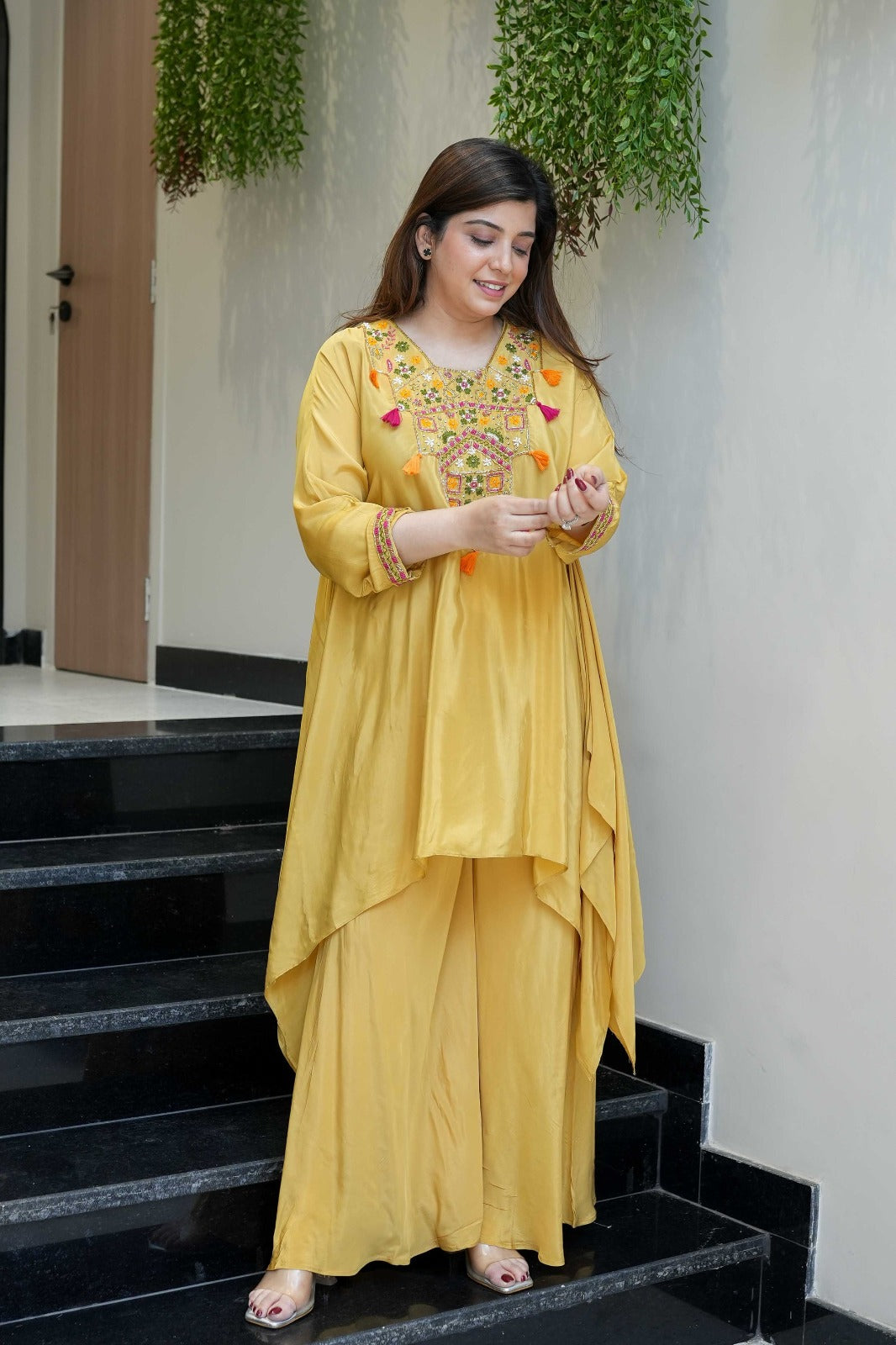 Pink Embroidered French Crepe Kurta Palazzo Set