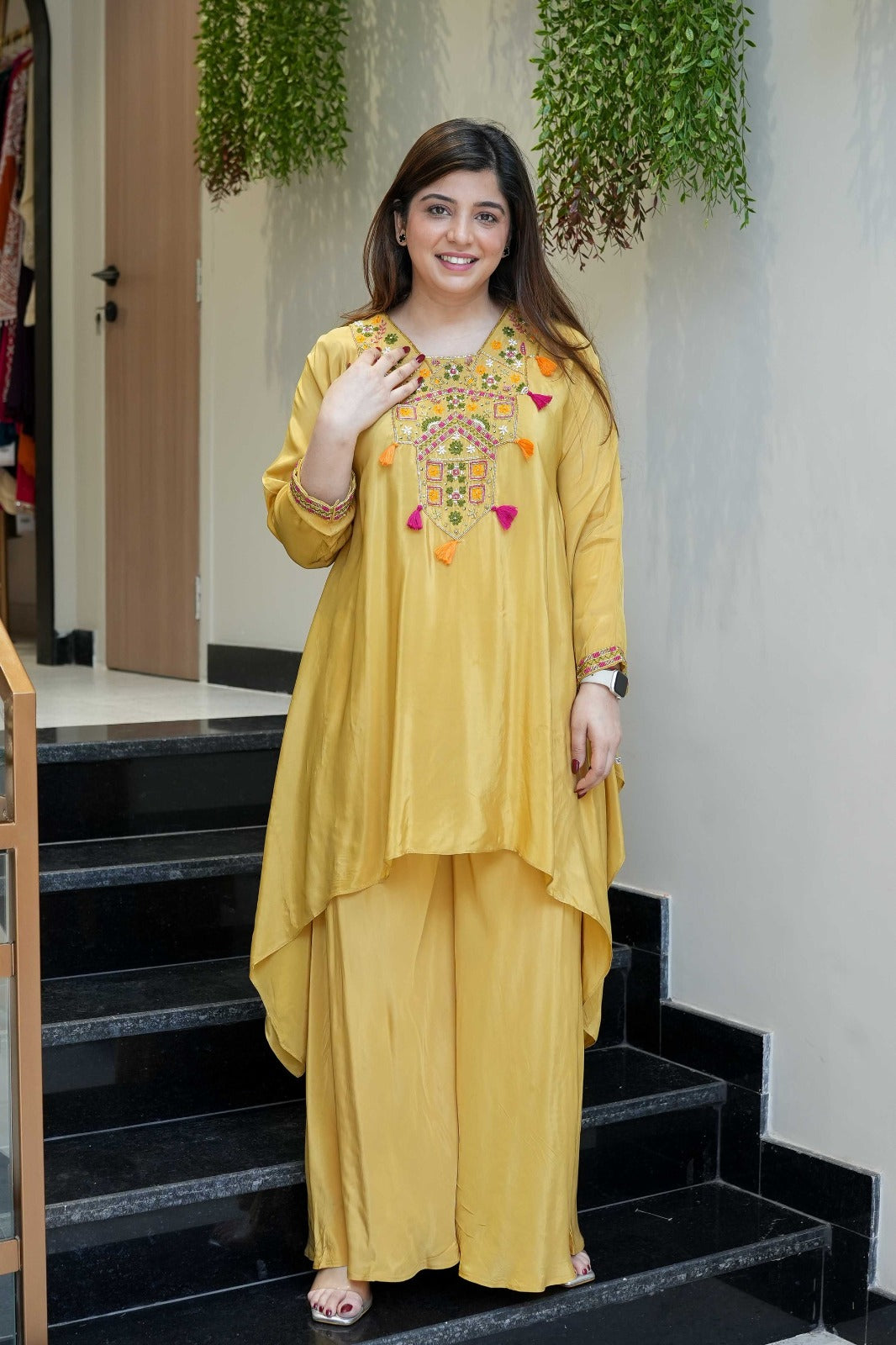 Pink Embroidered French Crepe Kurta Palazzo Set