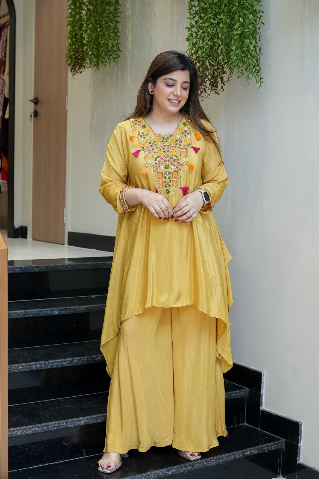 Pink Embroidered French Crepe Kurta Palazzo Set