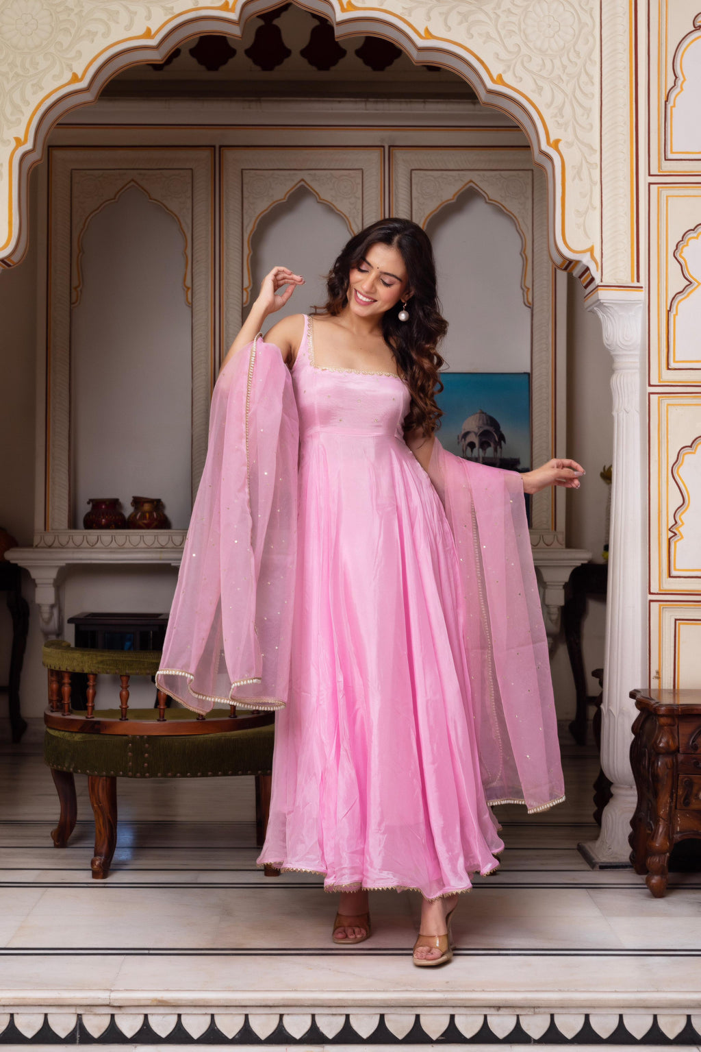 Pink Faux Georgette Anarkali Kurta Set with Dupatta