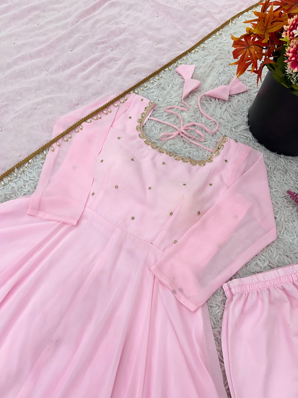 Pink Faux Georgette Anarkali Kurta Set with Dupatta