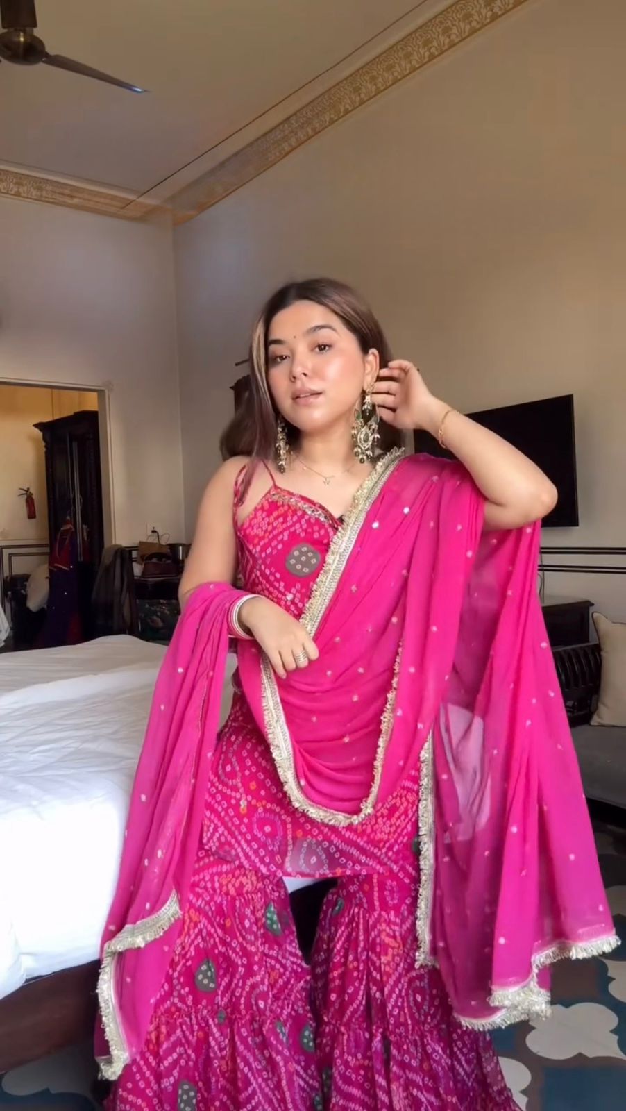 Pink Faux Georgette Sharara Set with Mirror Work & Dupatta