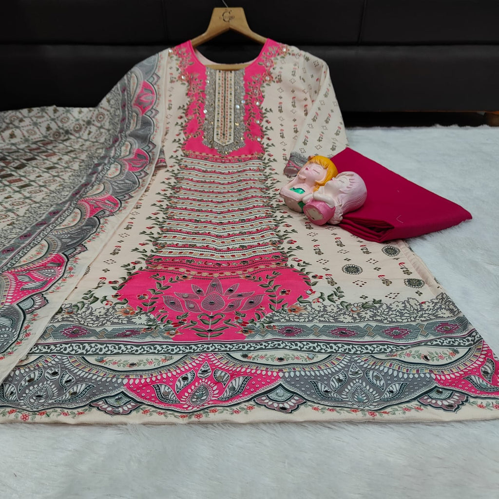Pink Printed Pure Muslin Kurta Set with Dupatta