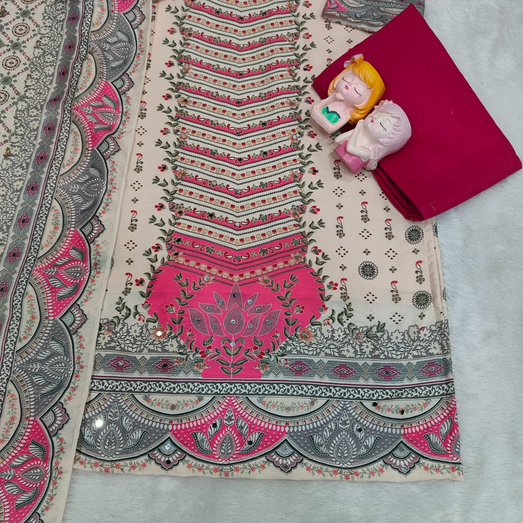 Pink Printed Pure Muslin Kurta Set with Dupatta