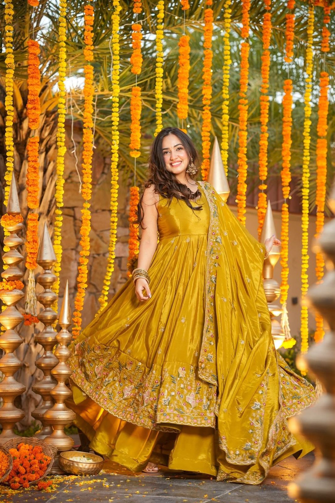Yellow Crepe Silk Designer Anarkali Suit with Palazzo & Dupatta