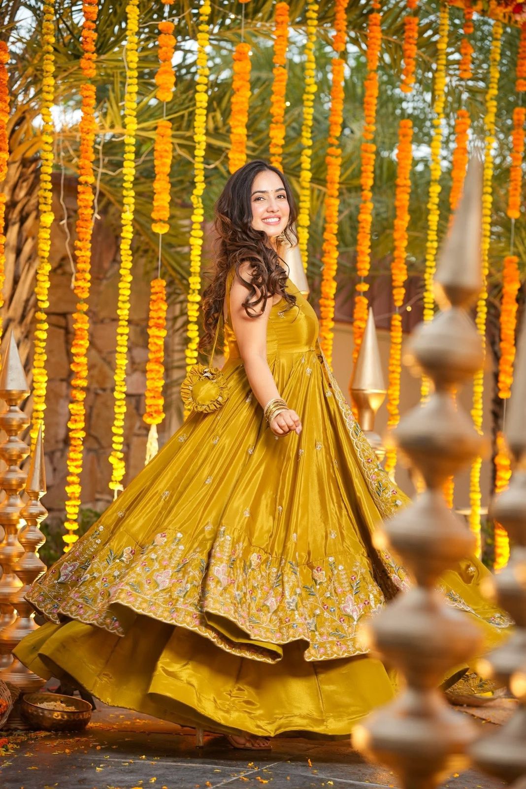 Yellow Crepe Silk Designer Anarkali Suit with Palazzo & Dupatta