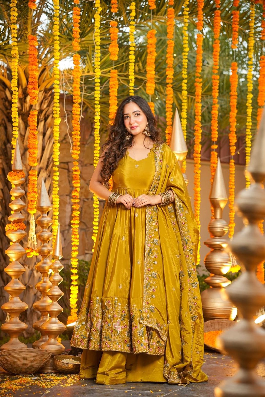 Yellow Crepe Silk Designer Anarkali Suit with Palazzo & Dupatta