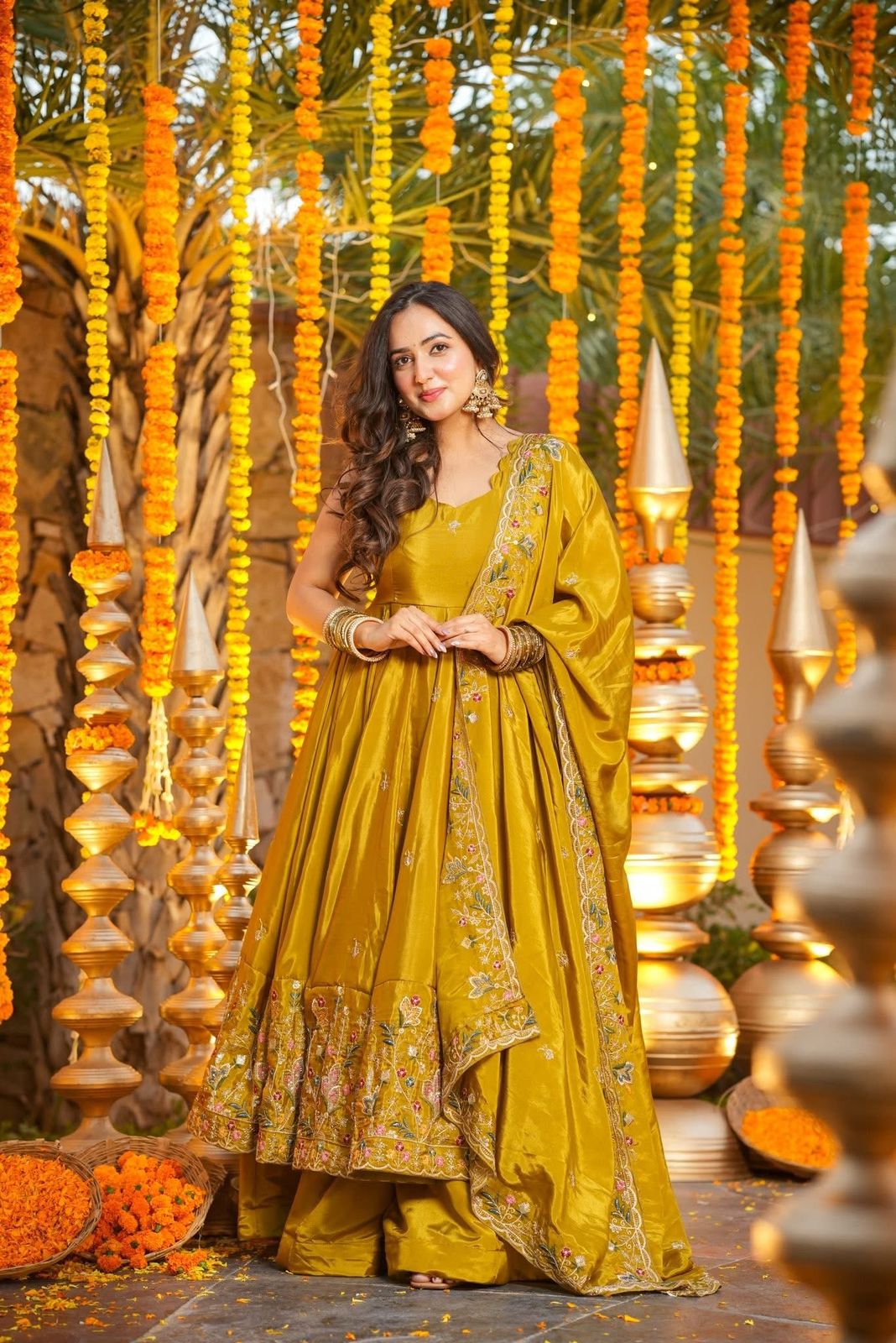 Yellow Crepe Silk Designer Anarkali Suit with Palazzo & Dupatta