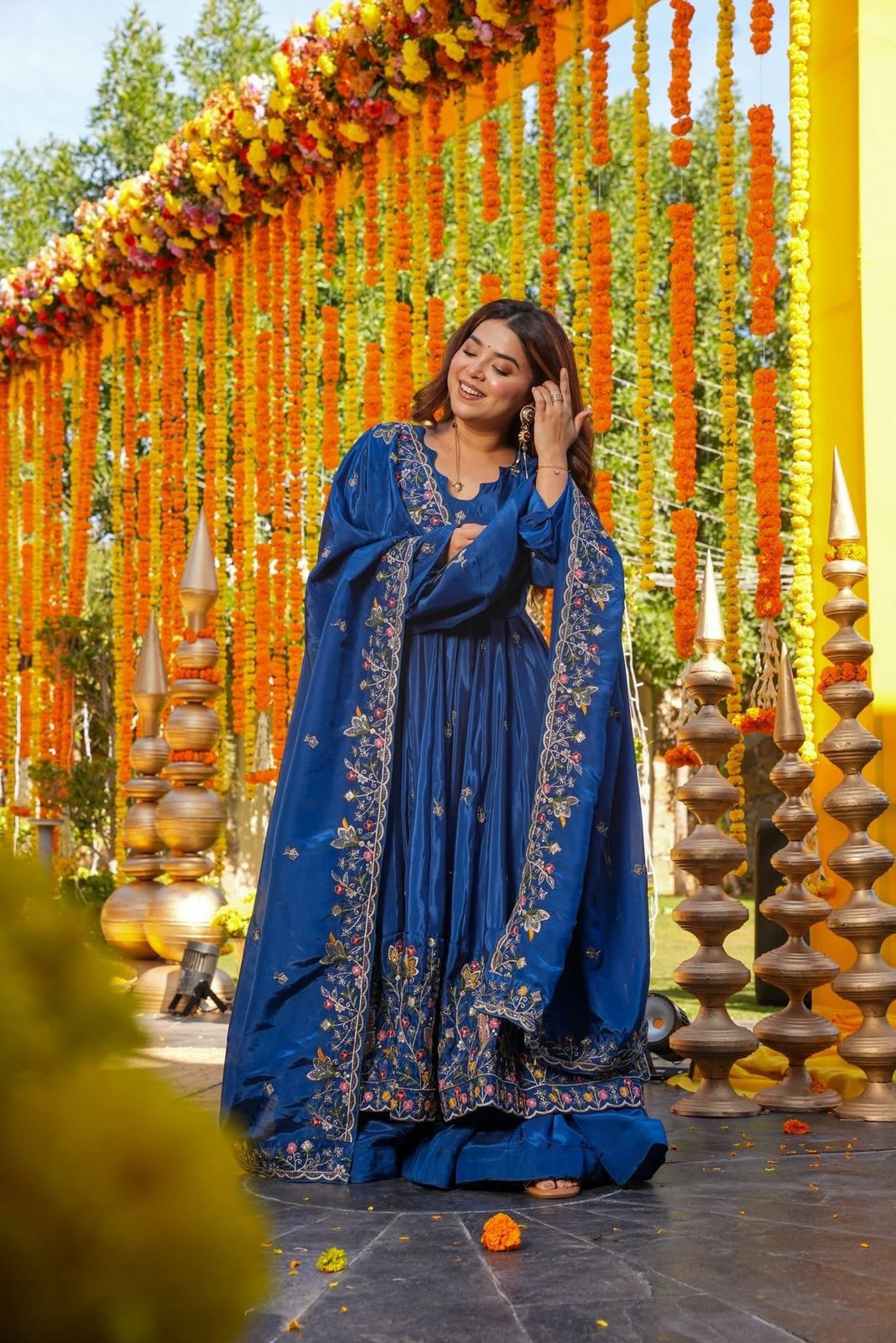 Royal Blue Heavy Crepe Silk Designer Anarkali Suit with Palazzo & Dupatta