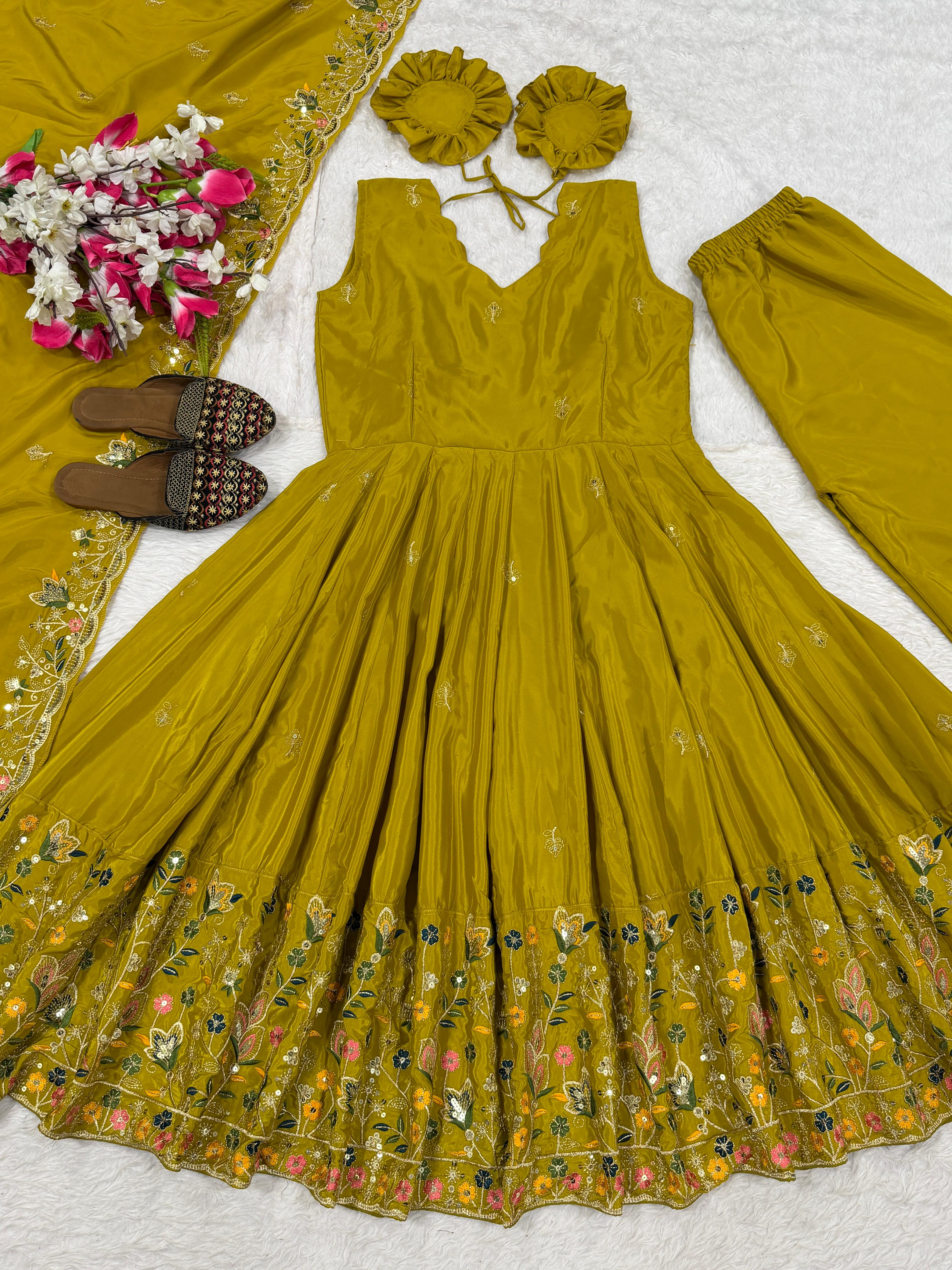 Yellow Crepe Silk Designer Anarkali Suit with Palazzo & Dupatta