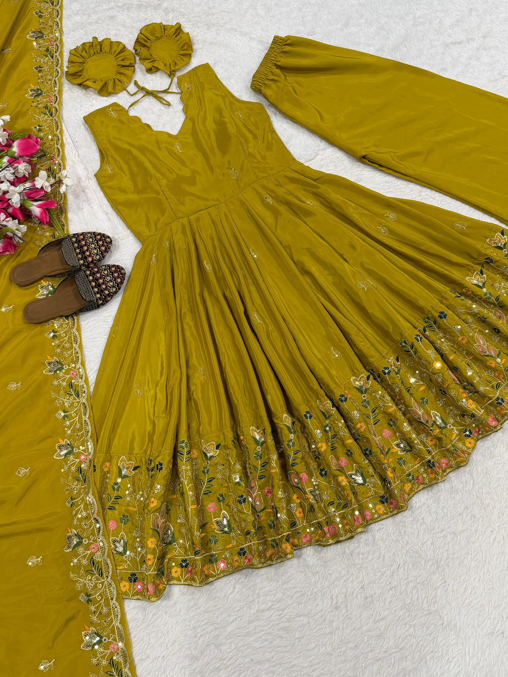 Yellow Crepe Silk Designer Anarkali Suit with Palazzo & Dupatta