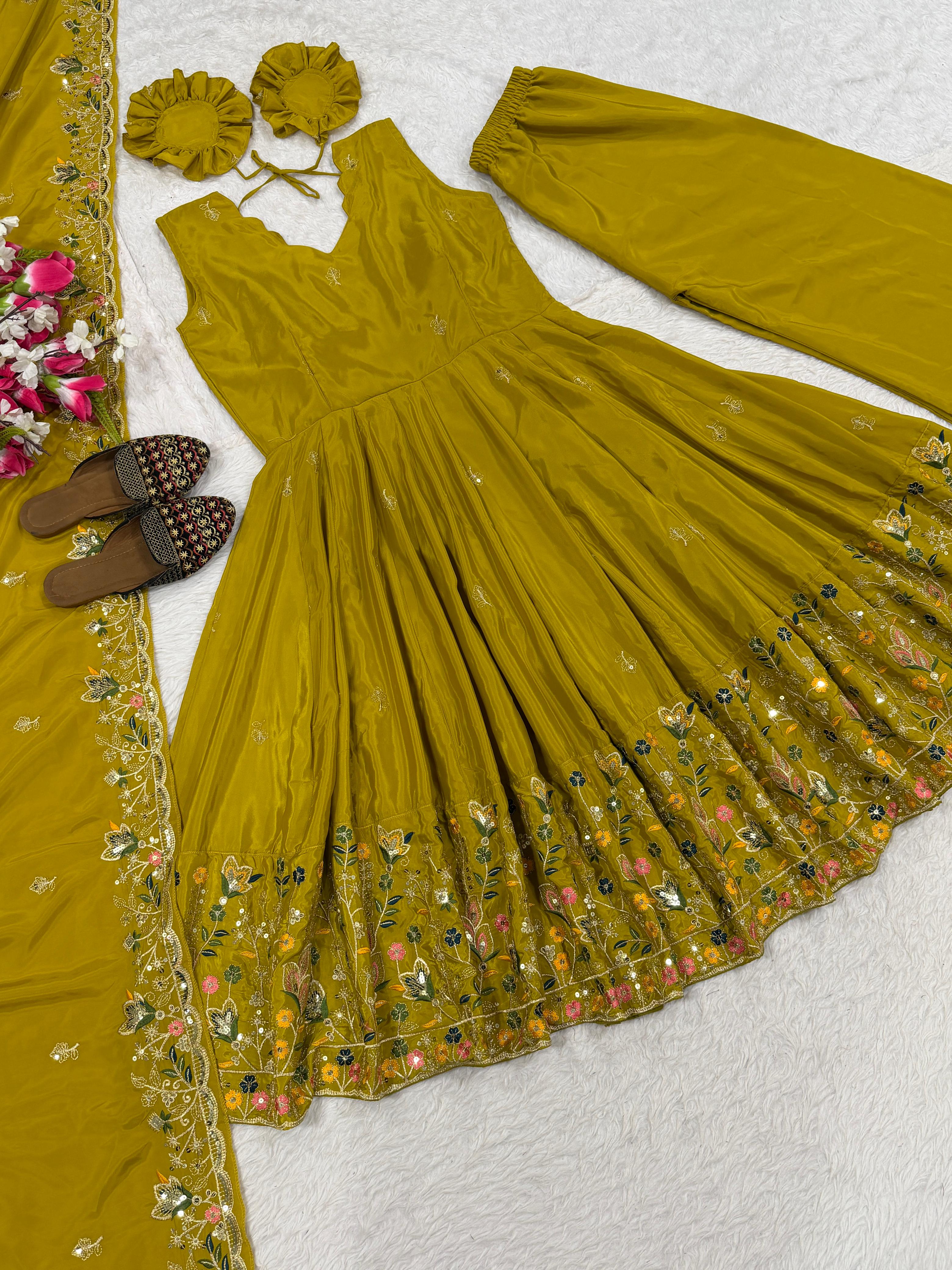 Yellow Crepe Silk Designer Anarkali Suit with Palazzo & Dupatta