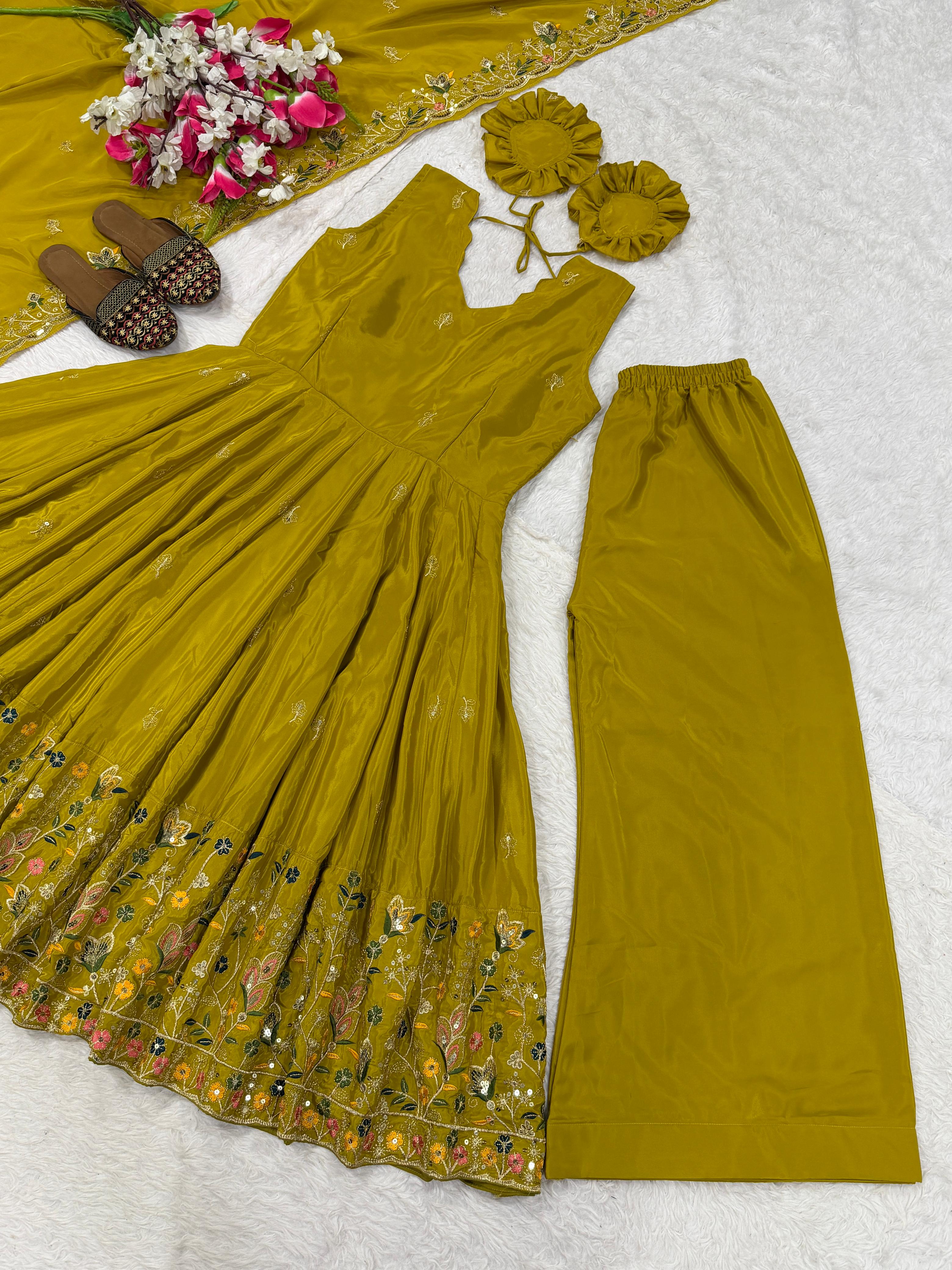 Yellow Crepe Silk Designer Anarkali Suit with Palazzo & Dupatta