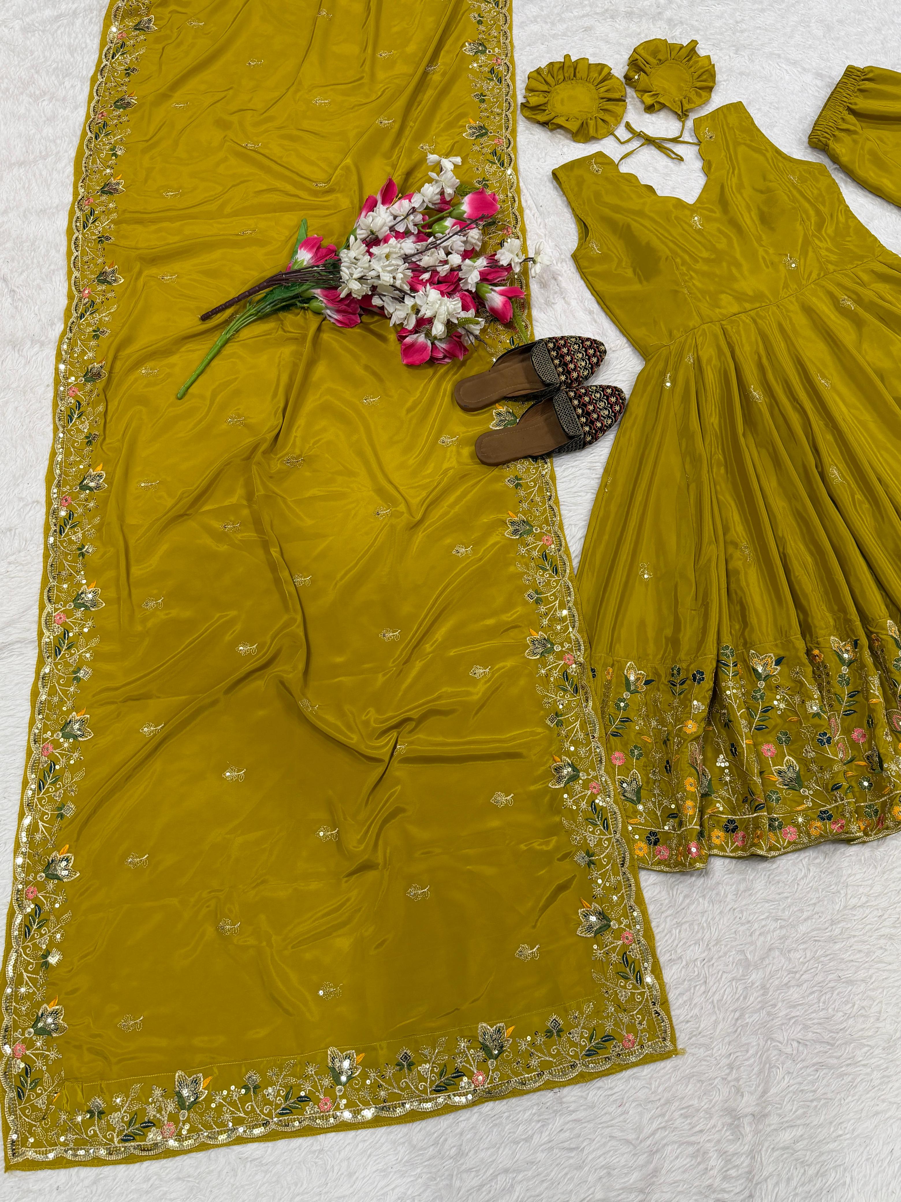 Yellow Crepe Silk Designer Anarkali Suit with Palazzo & Dupatta