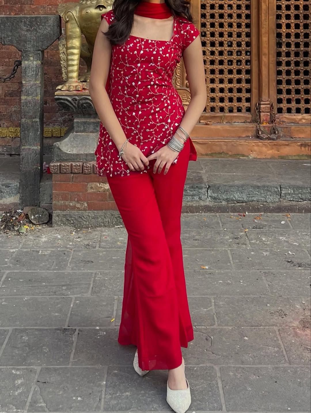 Red Embroidered Kurti with Bootcut Pant & Dupatta Set