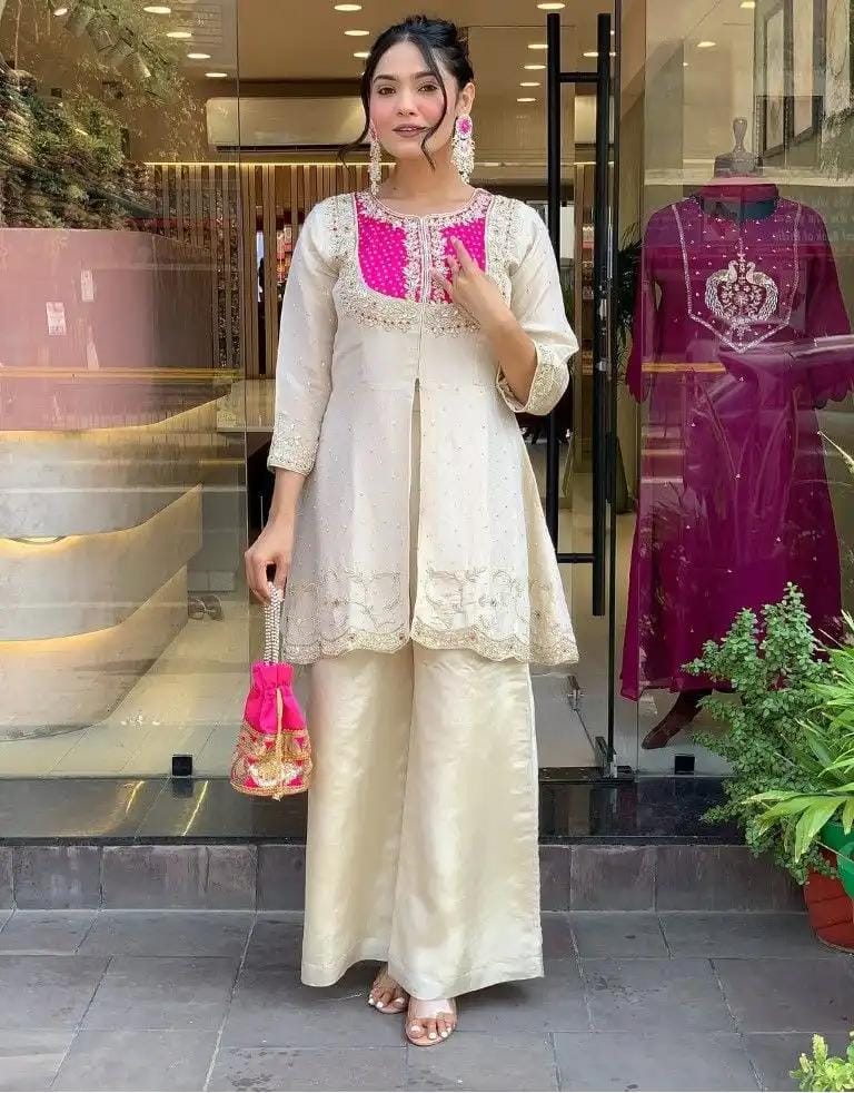 Cream with Pink Elegant Roman Slik Embroidered Kurta Set with Dupatta