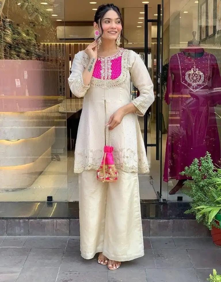 Cream with Pink Elegant Roman Slik Embroidered Kurta Set with Dupatta