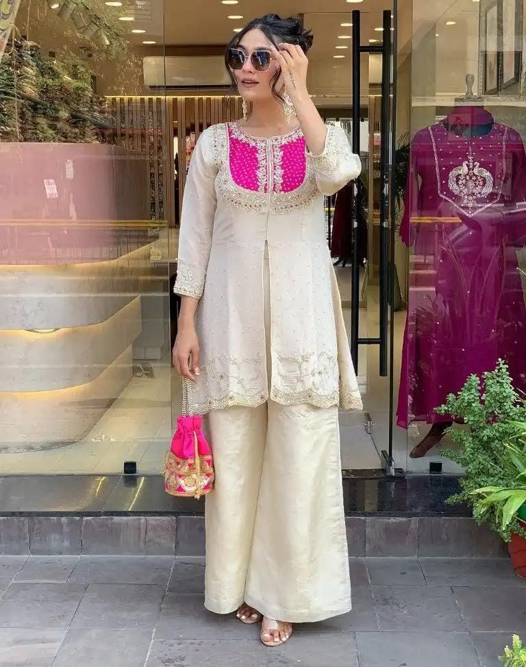 Cream with Pink Elegant Roman Slik Embroidered Kurta Set with Dupatta