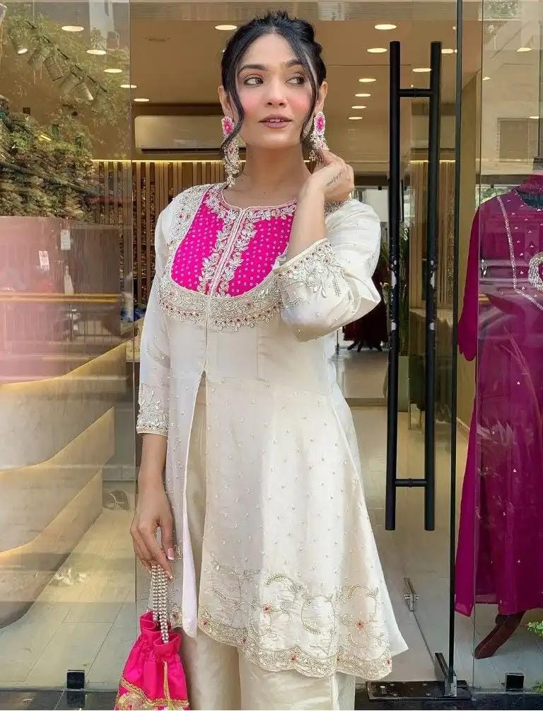 Cream with Pink Elegant Roman Slik Embroidered Kurta Set with Dupatta