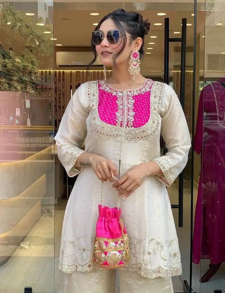 Cream with Pink Elegant Roman Slik Embroidered Kurta Set with Dupatta