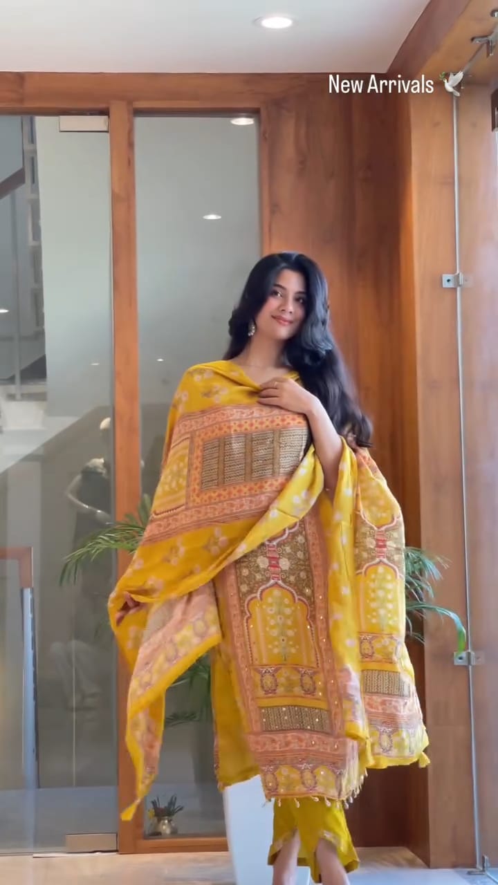 Rani Pink Maslin Mirror Work Kurta Set with Dupatta