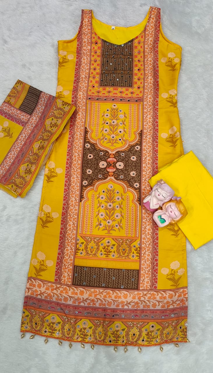 Rani Pink Maslin Mirror Work Kurta Set with Dupatta