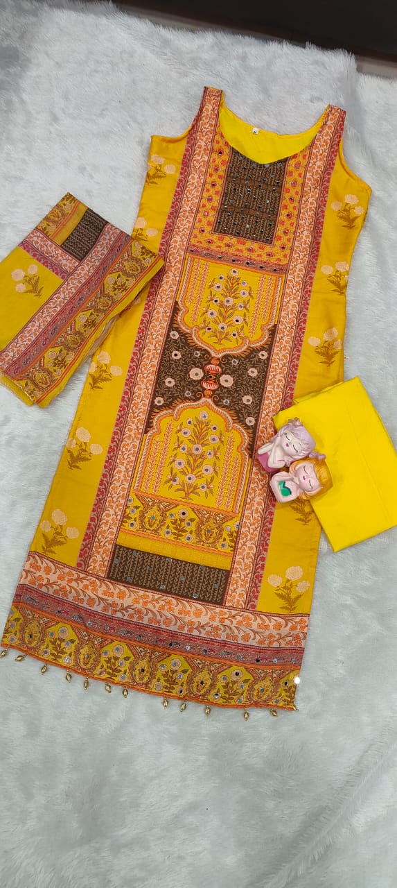 Rani Pink Maslin Mirror Work Kurta Set with Dupatta