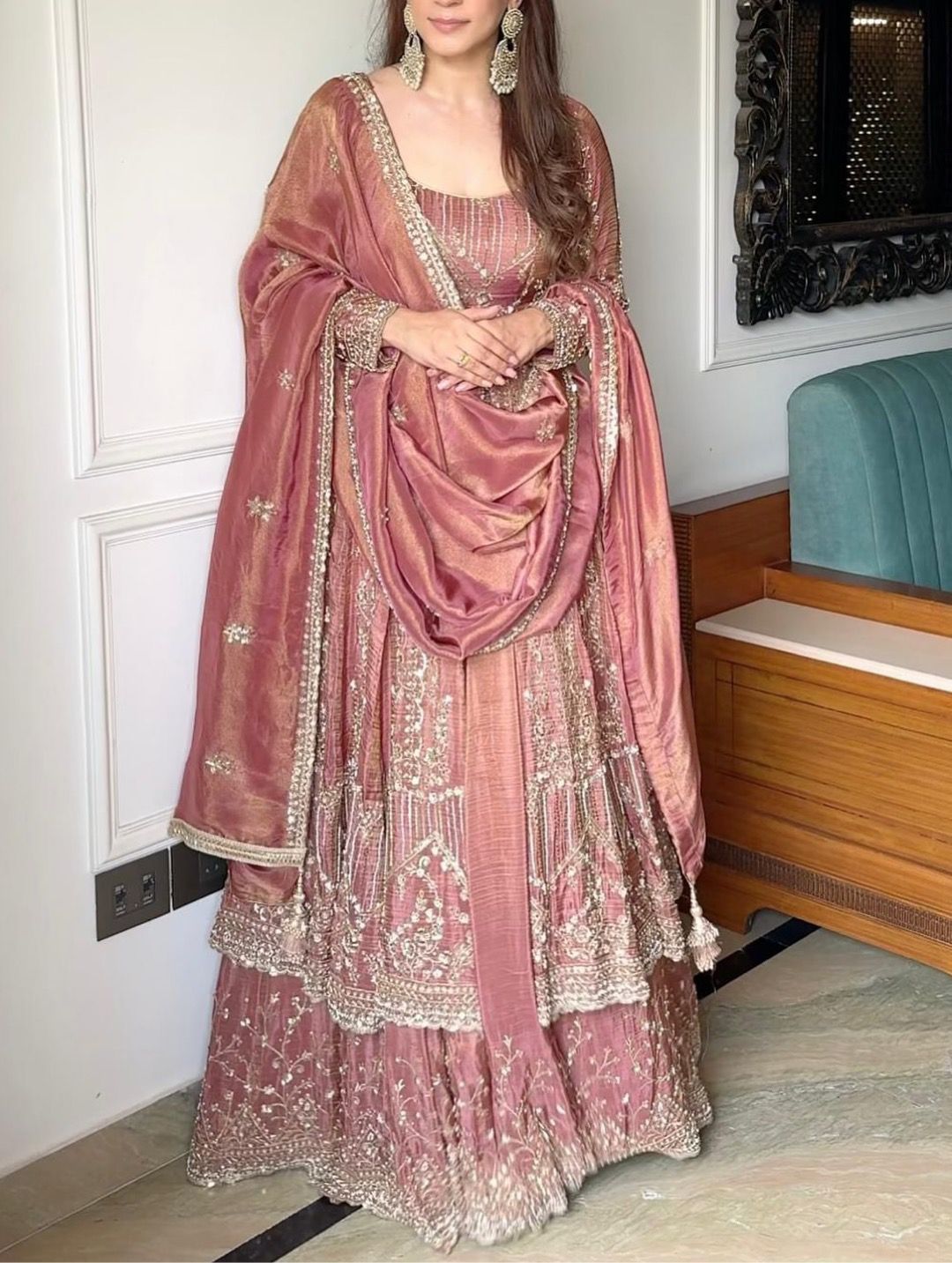 Rose Blush Heavy Embroidered Anarkali Gown Lehenga Dupatta Set