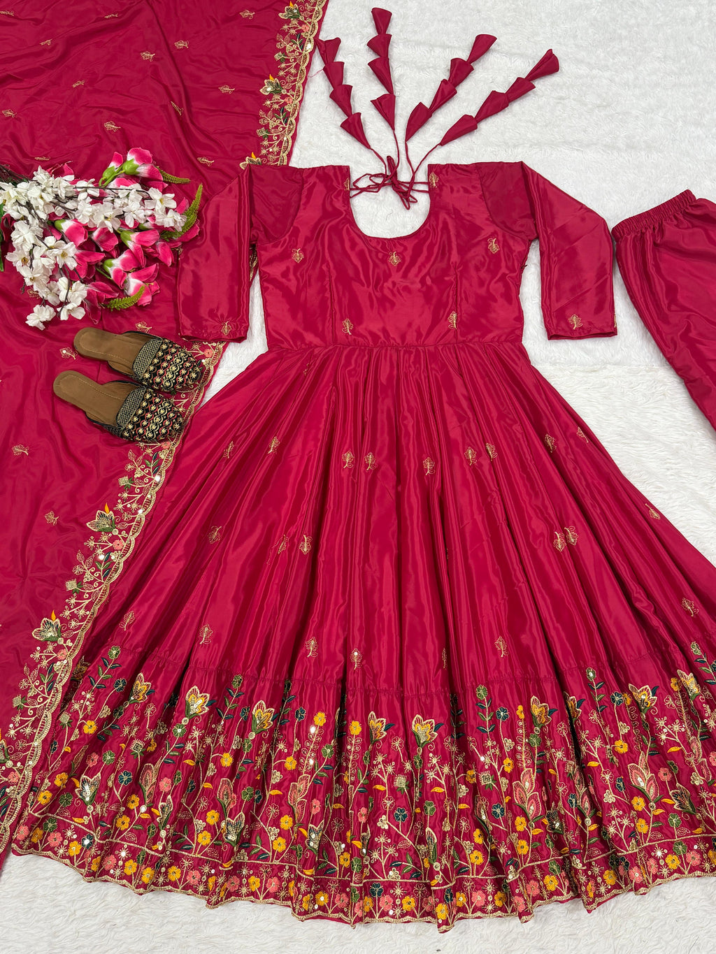 Wine Embroidered Anarkali Kurta Set with Palazzo & Dupatta