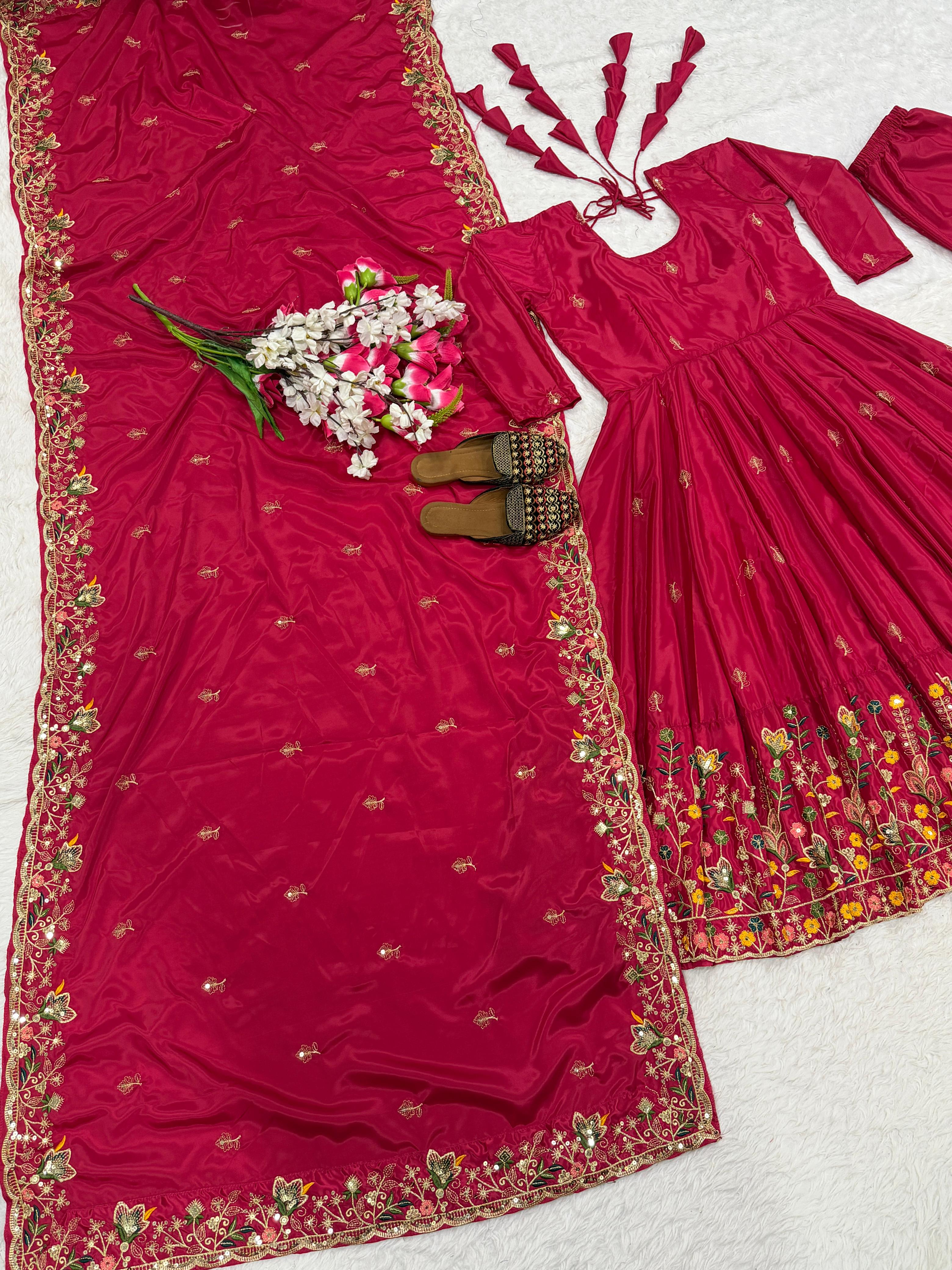 Wine Embroidered Anarkali Kurta Set with Palazzo & Dupatta