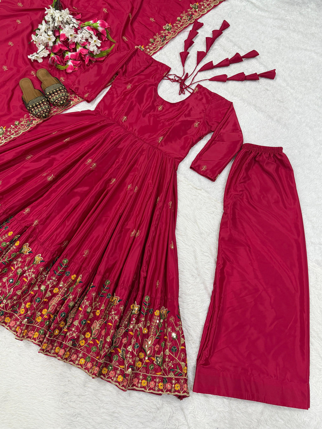 Wine Embroidered Anarkali Kurta Set with Palazzo & Dupatta