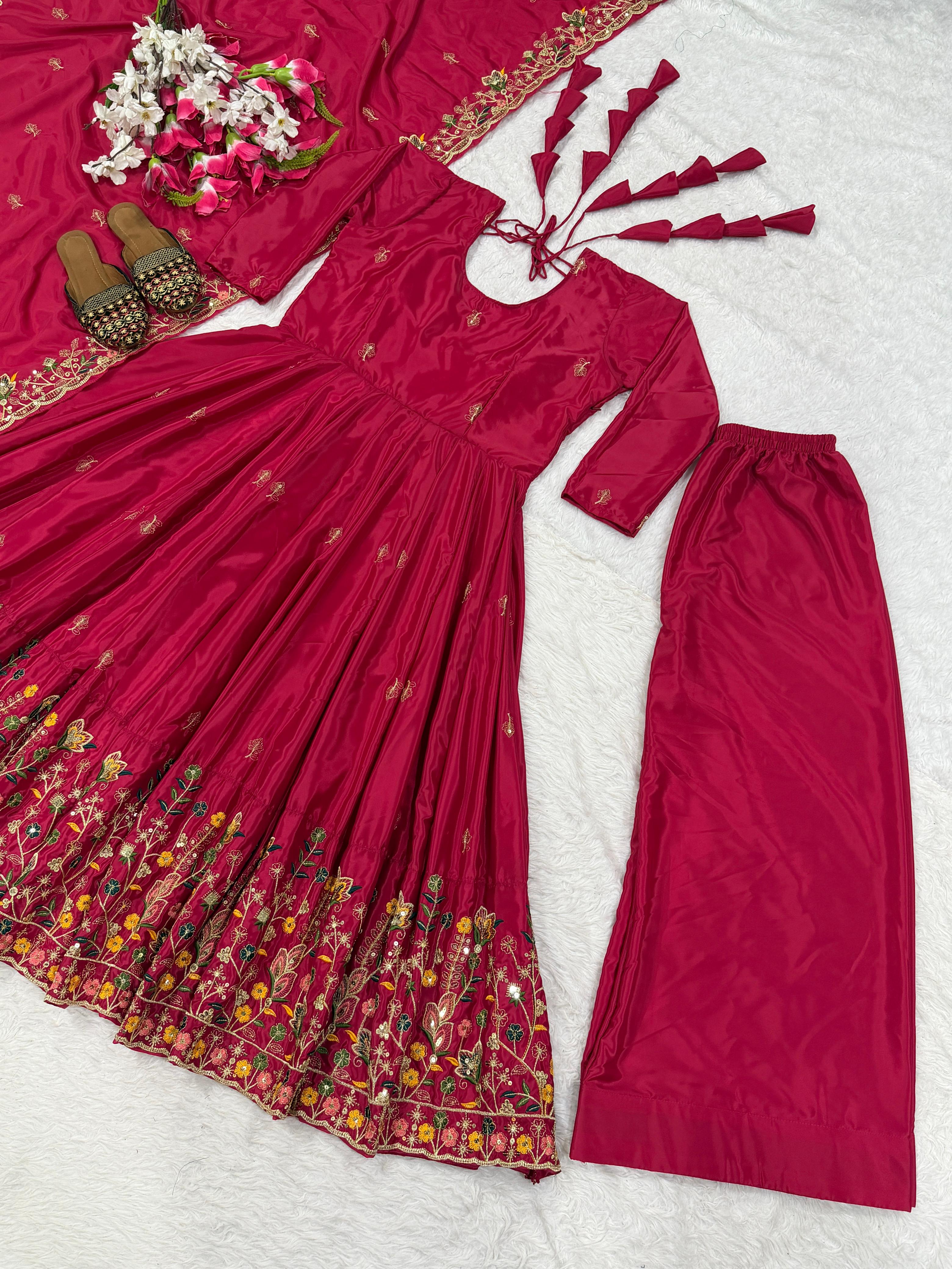 Wine Embroidered Anarkali Kurta Set with Palazzo & Dupatta