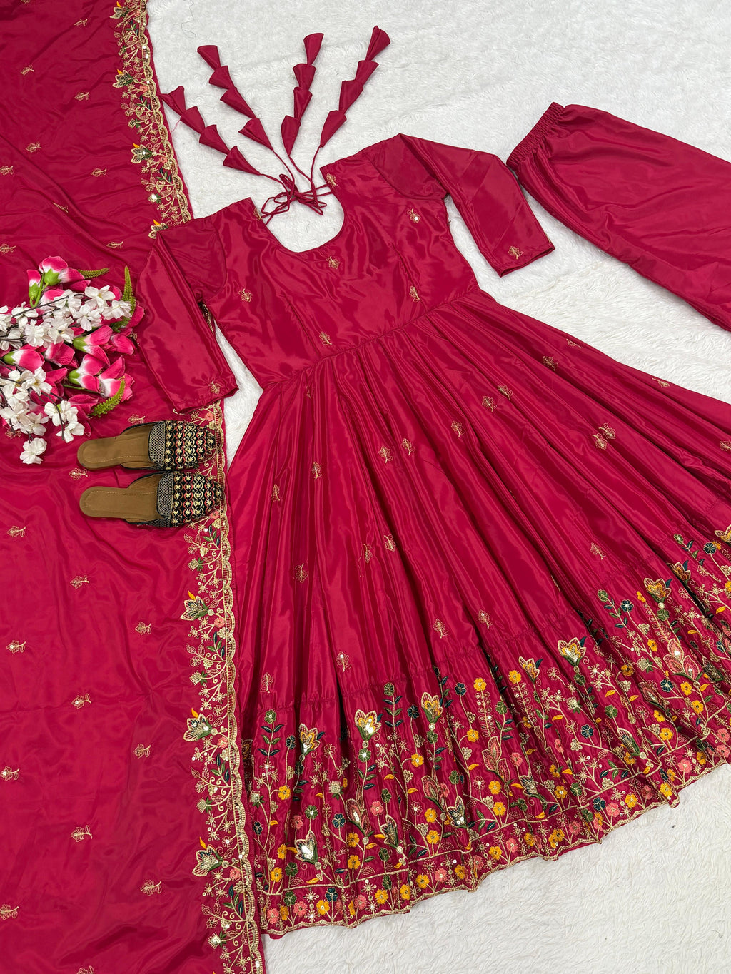 Wine Embroidered Anarkali Kurta Set with Palazzo & Dupatta