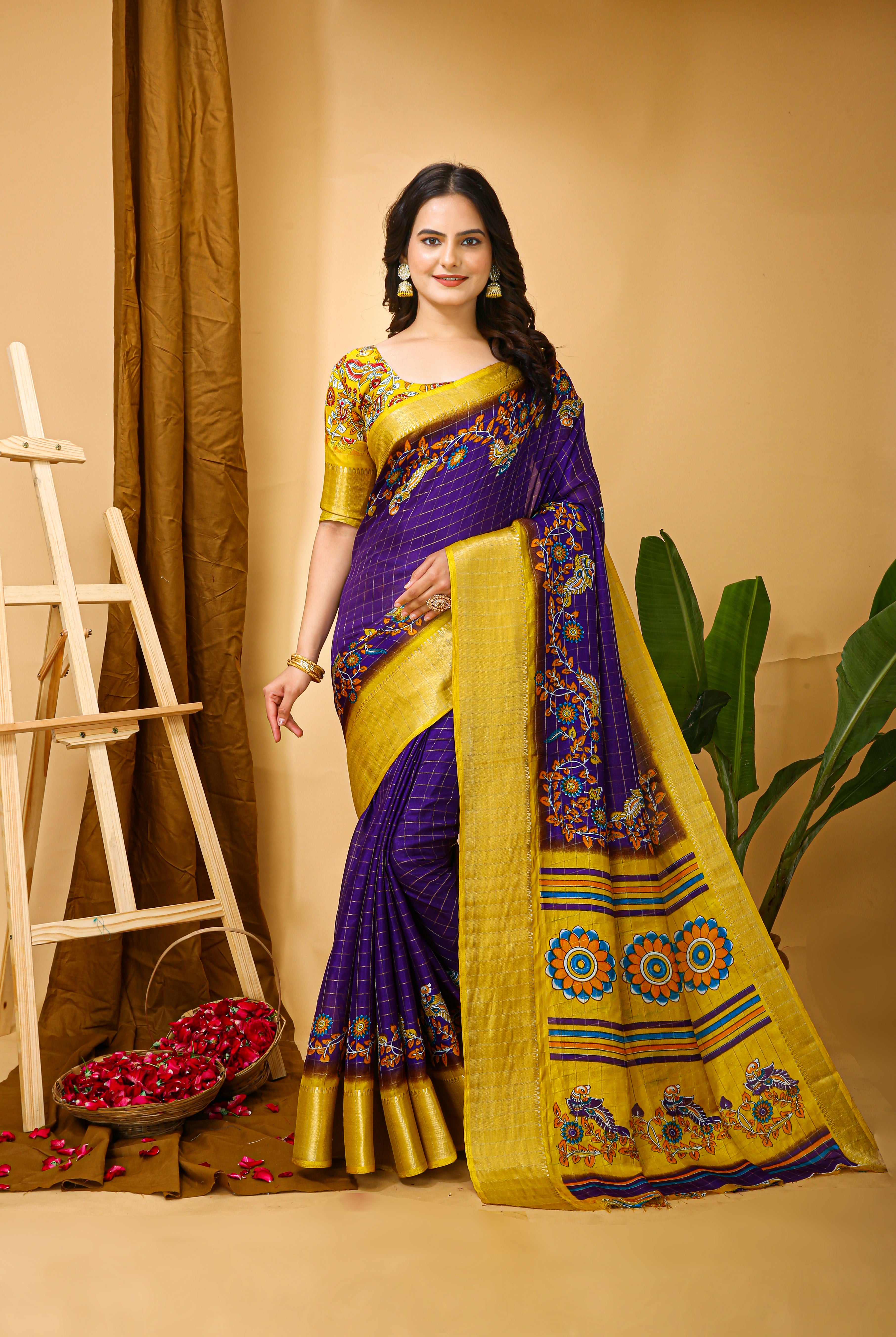 Green Kalamkari Print Saree with Jacard Kanjivaram Zari Border &  Pallu with Printed Blouse