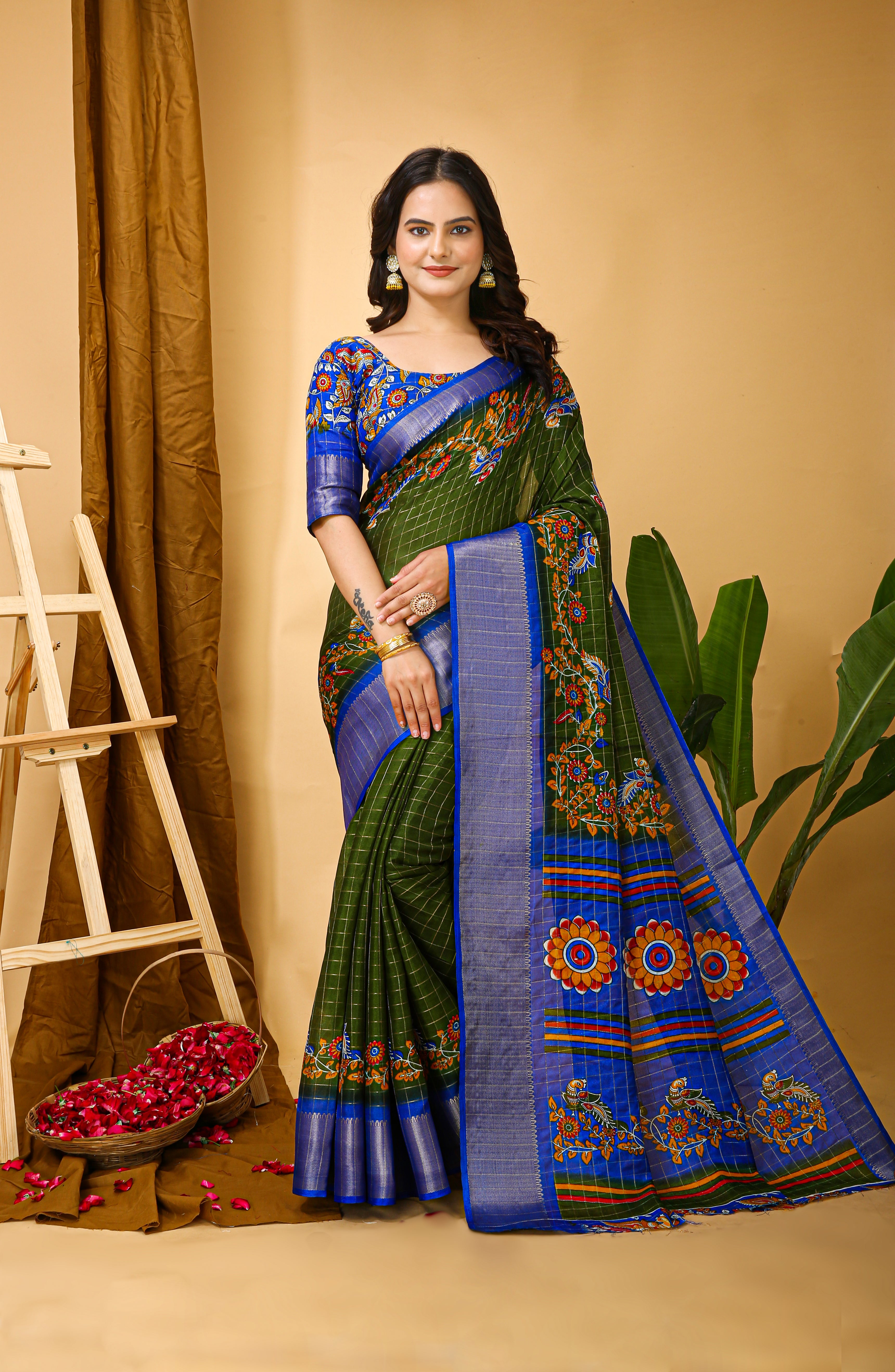 Rama Kalamkari Print Saree with Jacard Kanjivaram Zari Border & Pallu with Printed Blouse