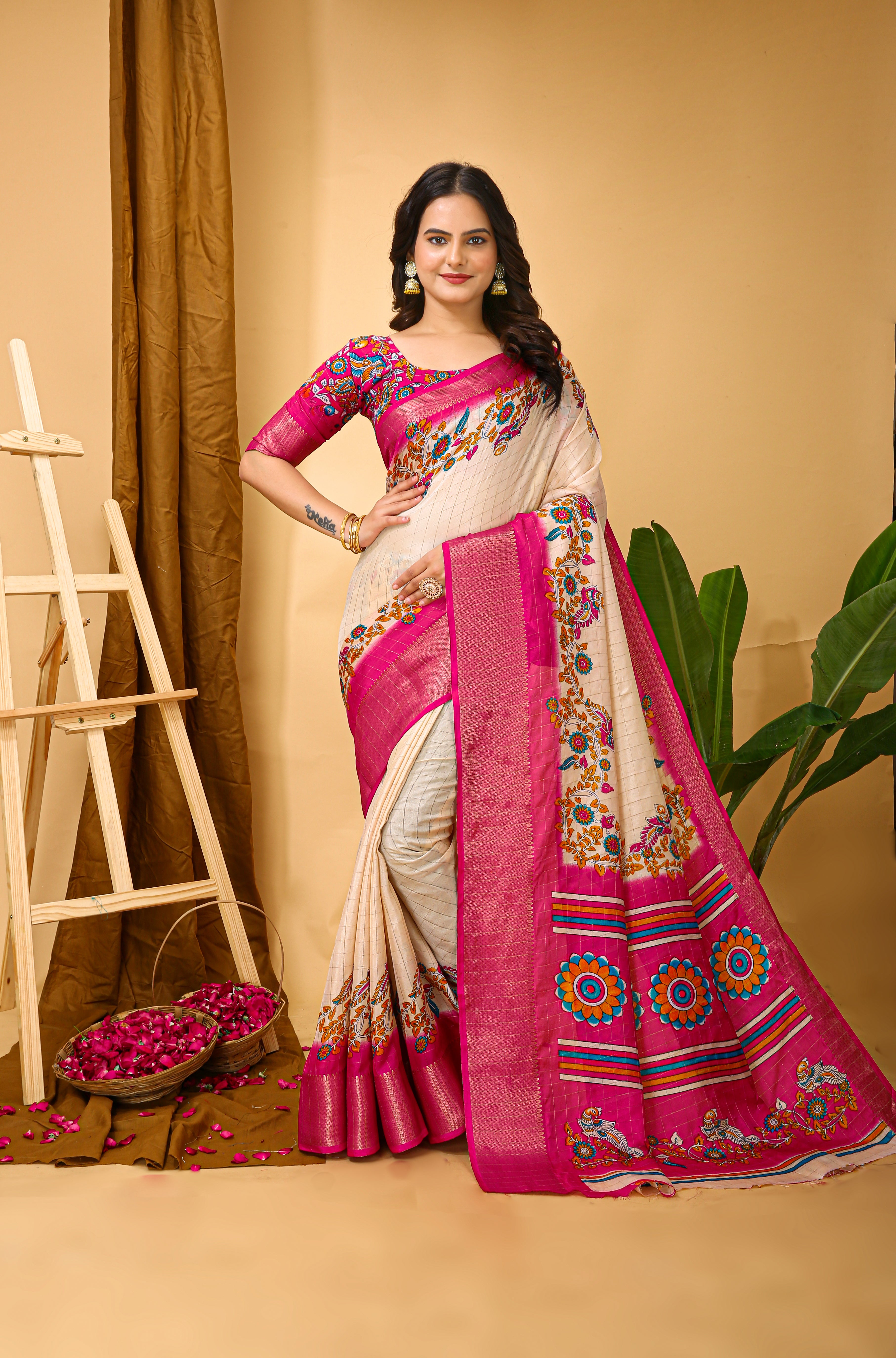 Navy Blue Soft Dola Cotton Kalamkari Saree with Jacquard Kanjivaram Zari Border