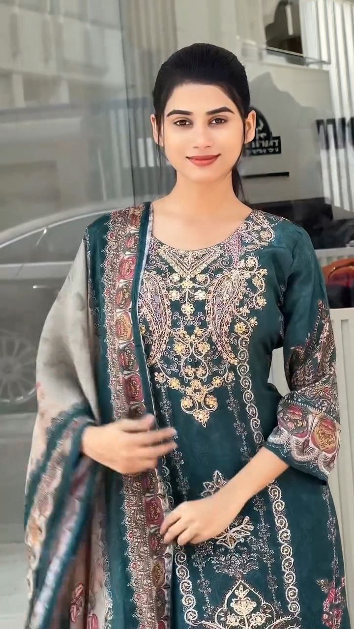 Green Muslin Aari Work Kurti Set with Dupatta