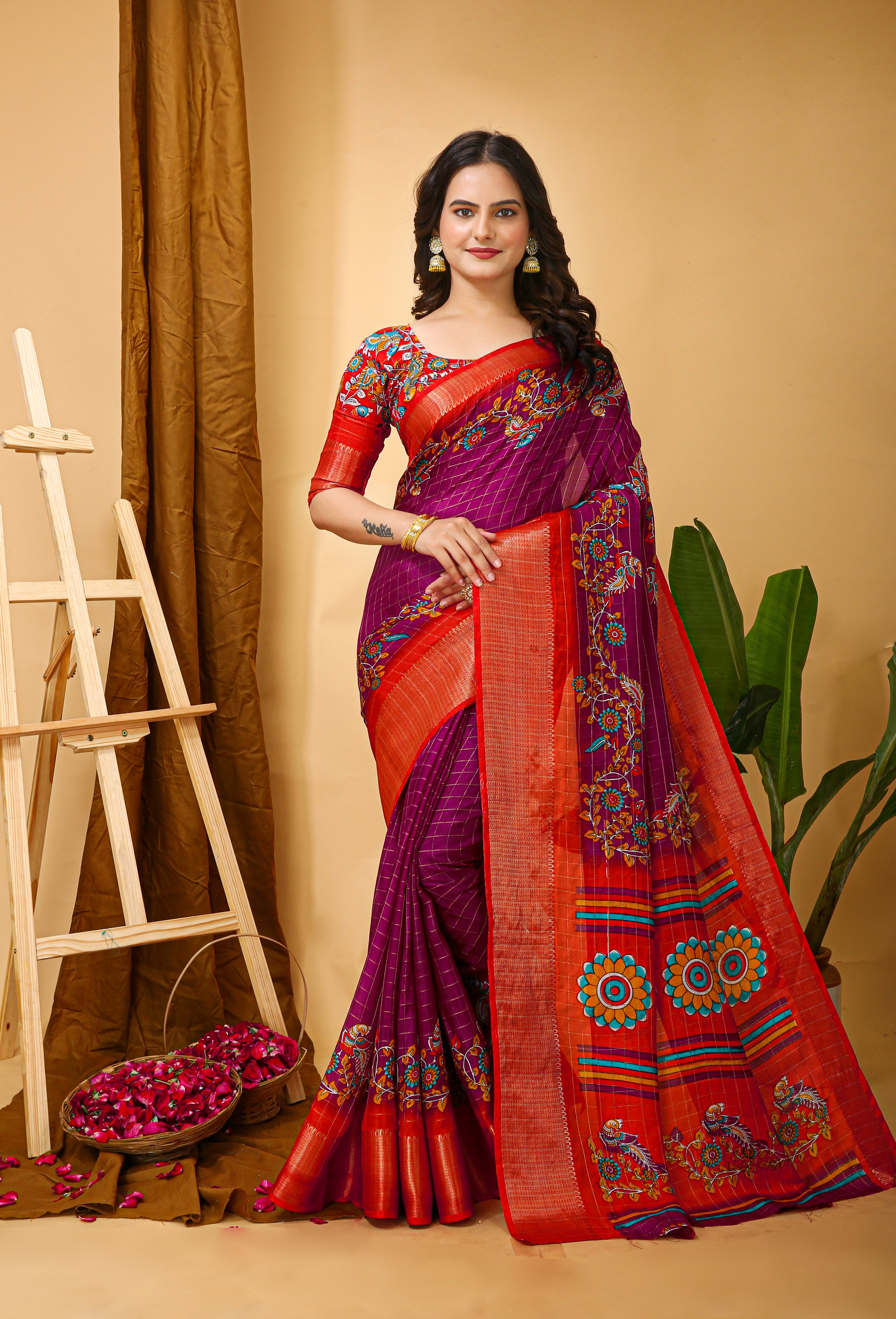 Blue Kalamkari Print Saree with Jacard Kanjivaram Zari Border &  Pallu with Printed Blouse