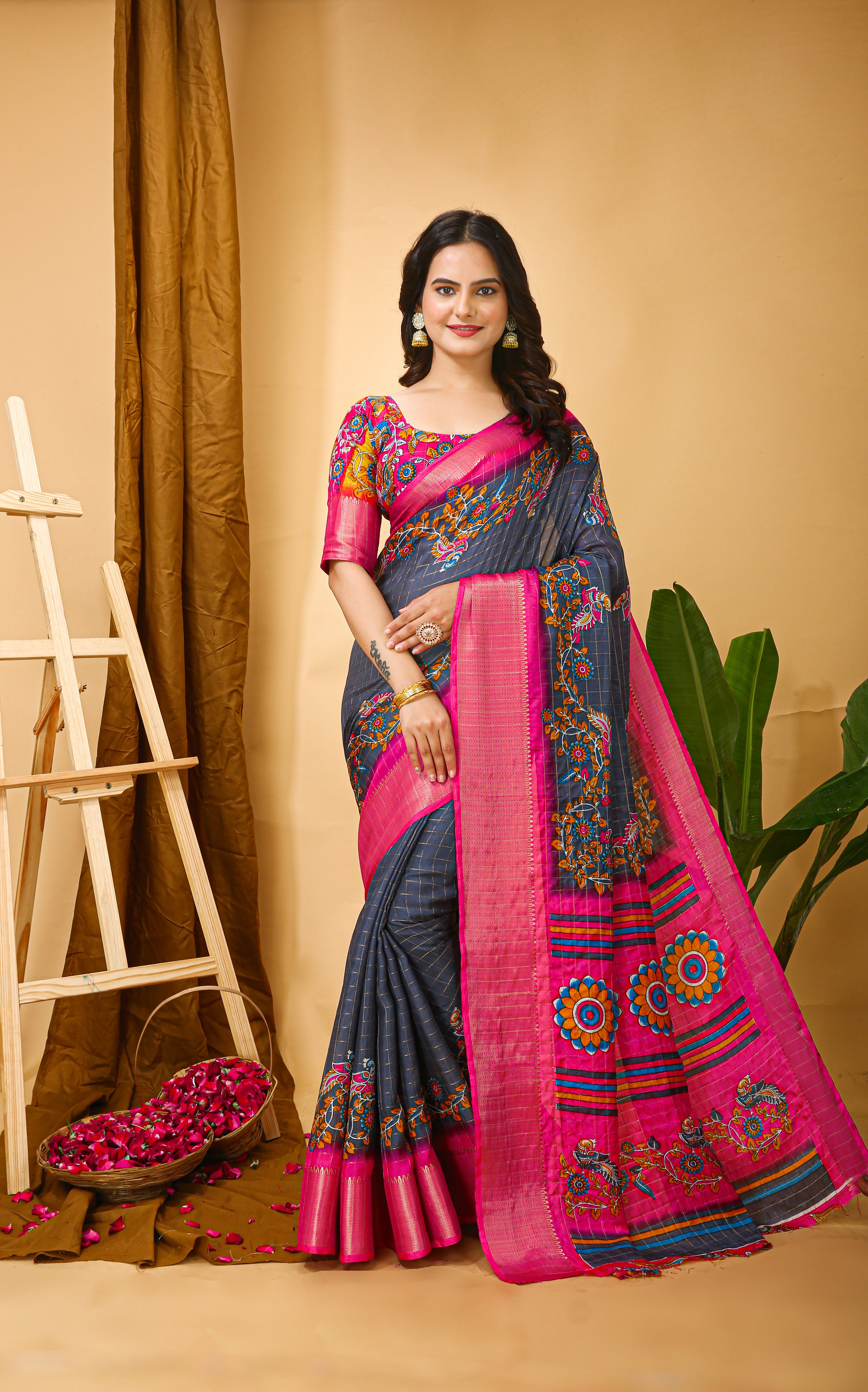 Navy Blue Soft Dola Cotton Kalamkari Saree with Jacquard Kanjivaram Zari Border